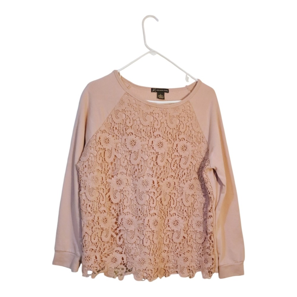 Adrianna Papell Women's L Blush Pink Cotton Blend Crochet Lace Front Sweatshirt